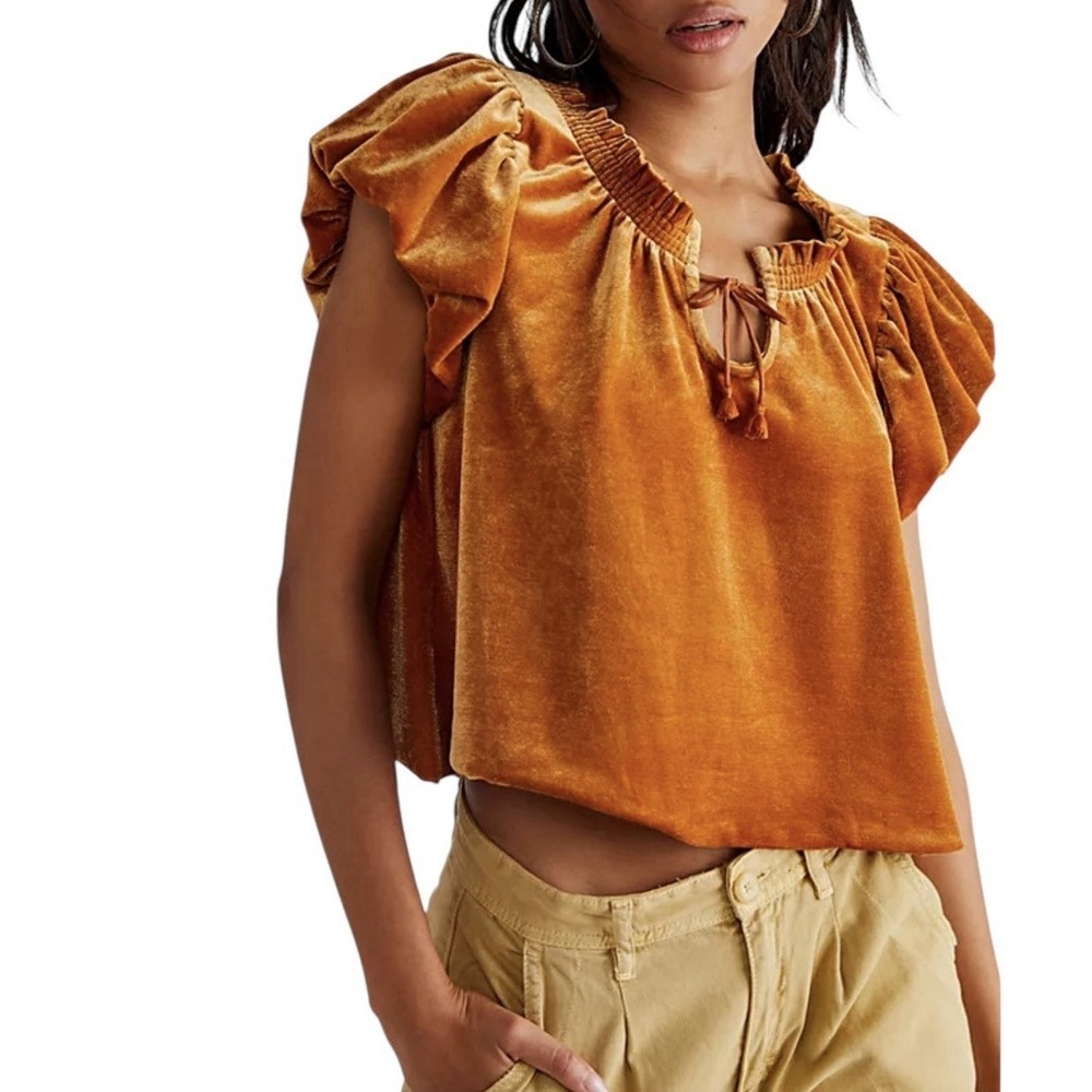 New FREE PEOPLE Terese Velvet Top Women's Large Short Sleeve Pumpkin Pie Stretch